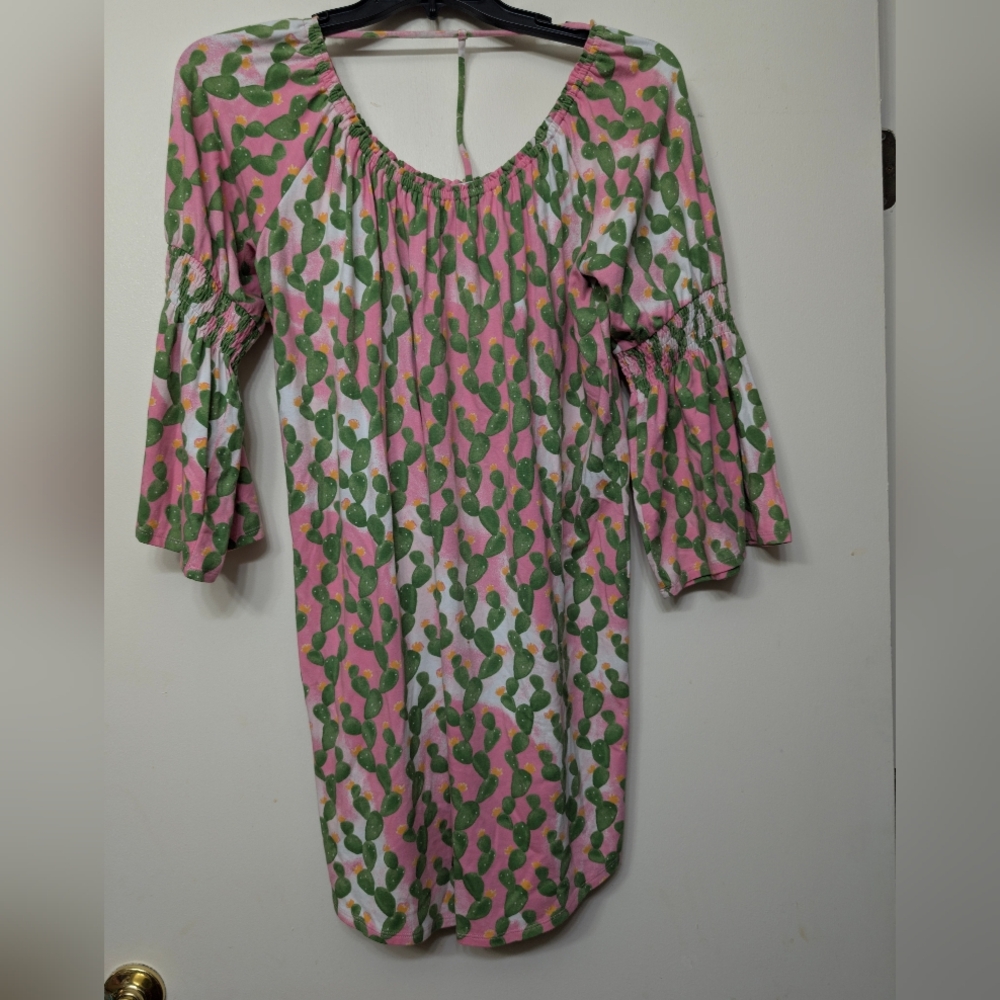 Crown & Ivy Cactus Print Smocked Bell Sleeve Dress / Tunic Small